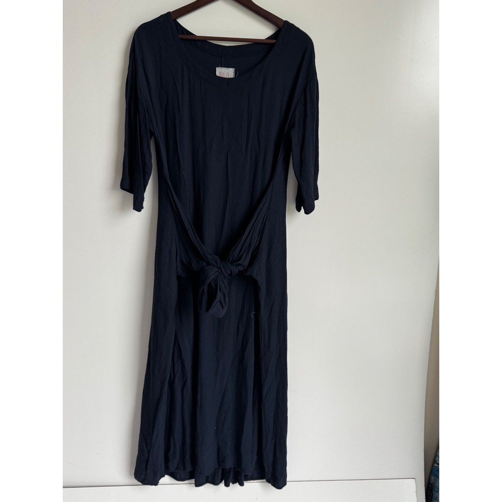 Hannoh Wessel H+ Navy Blue Viscose Wool Tie Front Dress Italy Lagenlook 42 US 6
